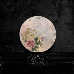 Steampunk Glam   Pink and Gold Rose Rustic Floral Round Clock