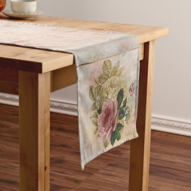 Steampunk Glam | Pink and Gold Rose Rustic Floral Short Table Runner (In Situ)