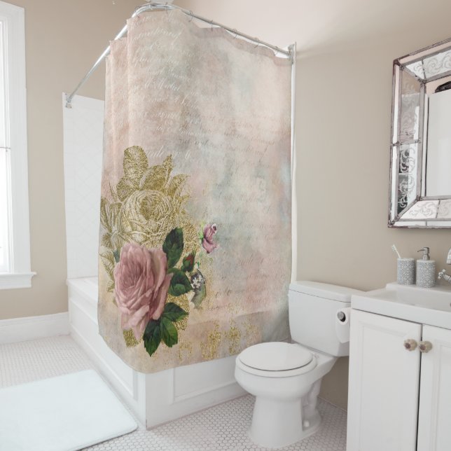 Steampunk Glam | Pink and Gold Rose Rustic Floral Shower Curtain (In Situ)