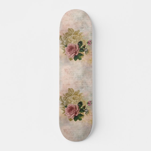 Steampunk Glam | Pink and Gold Rose Rustic Floral Skateboard (Front)