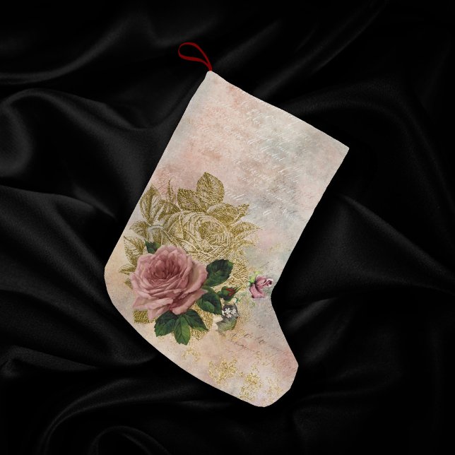 Steampunk Glam | Pink and Gold Rose Rustic Floral Small Christmas Stocking (Creator Uploaded)