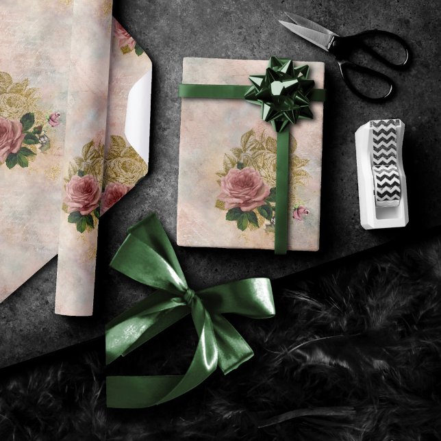 Steampunk Glam | Pink and Gold Rose Rustic Floral Wrapping Paper (Creator Uploaded)