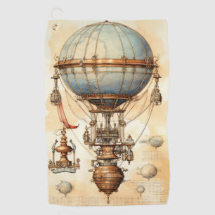 Steampunk Globe Airship Blueprint Blue Brass Sepia Golf Towel
