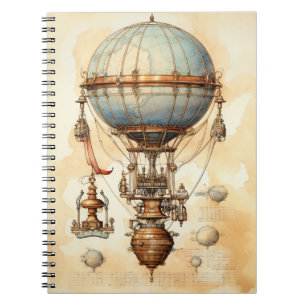 Steampunk Globe Airship Blueprint Blue Brass Sepia Notebook