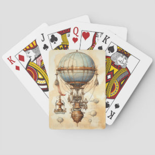 Steampunk Globe Airship Blueprint Blue Brass Sepia Playing Cards