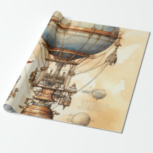 Steampunk Globe Airship Blueprint Blue Brass Sepia Wrapping Paper