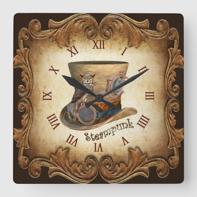 Steampunk Goggle Hat ~ Great Horned Owl ~  Square Wall Clock (Front)
