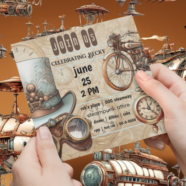 Steampunk Goggles Bike Top Hat Clocks Party Invitation (Steampunk industrial whimsical customizable birthday party or special occasion invitation)