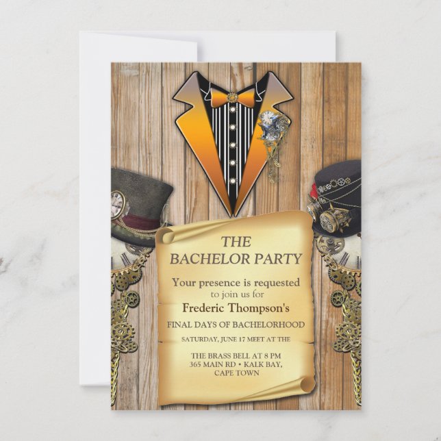 Steampunk  & Gold Chains Bachelor invitation (Front)