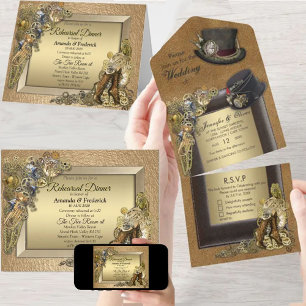 Steampunk & gold Leather All in One Wedding Invite