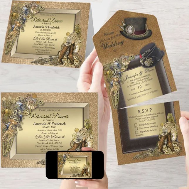 Steampunk & gold Leather All in One Wedding Invite (Steampunk & gold Leather invitations)