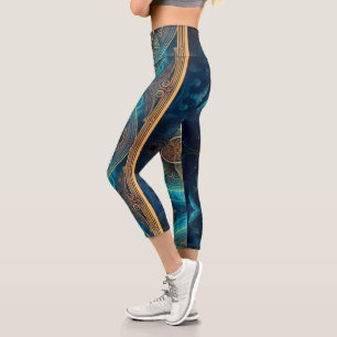 Steampunk Gold Mystical Electric Neon Blue Sparks Capri Leggings
