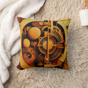Steampunk Golden Mechanism Abstract Cushion