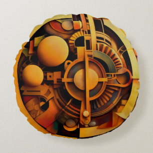 Steampunk Golden Mechanism Abstract Round Cushion