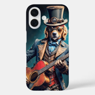 Steampunk Golden Retriever dog playing guitar iPhone 16 Case