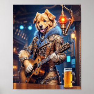 Steampunk golden retriever with acoustic guitar poster