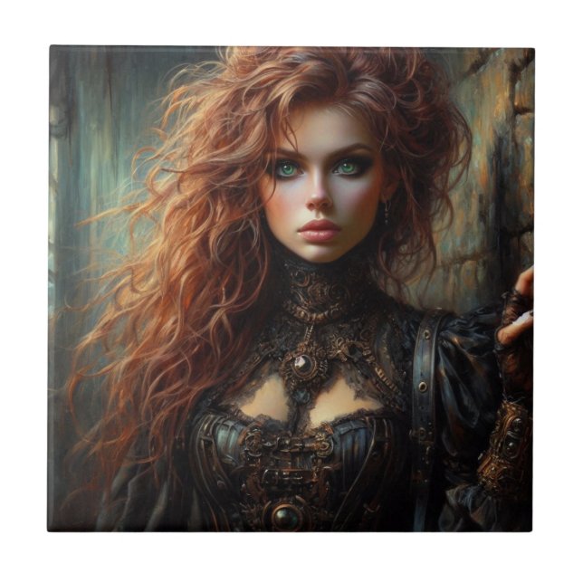 Steampunk gothic female  ceramic tile (Front)