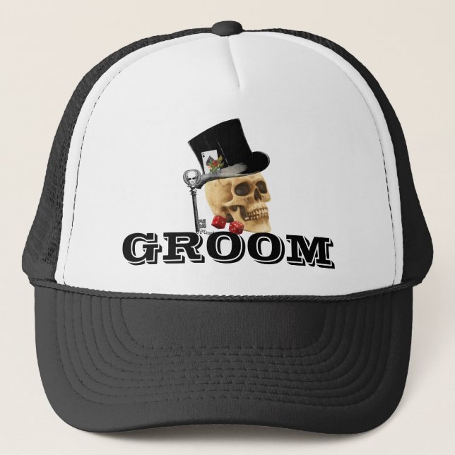 Steampunk gothic gambling skull groom trucker hat (Front)