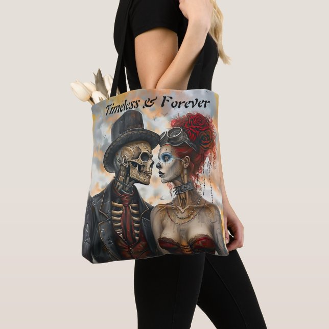 Steampunk Gothic Skeleton Couple Industrial Look Tote Bag (Close Up)