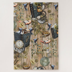 Steampunk Graphic Element Collections on wood Jigsaw Puzzle