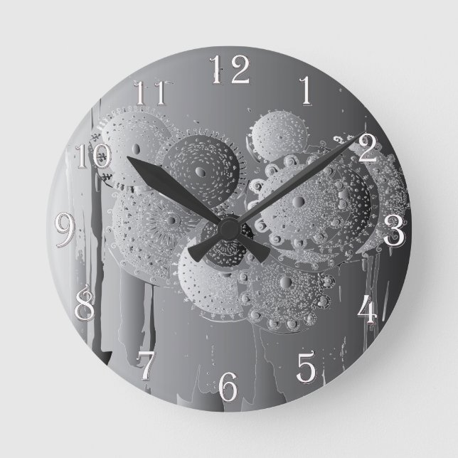 Steampunk Grey Mandala Floral w/White Numbers Round Clock (Front)