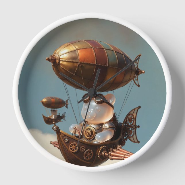 Steampunk Gummy Bear Pilot in Fantasy Airship Clock (Front)