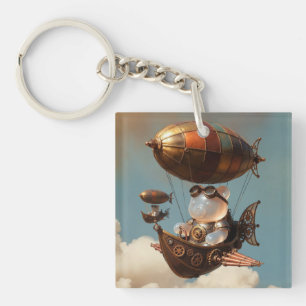 Steampunk Gummy Bear Pilot in Fantasy Airship Key Ring