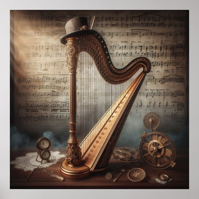 Steampunk Harp = Sheetmusic Background Poster (Front)