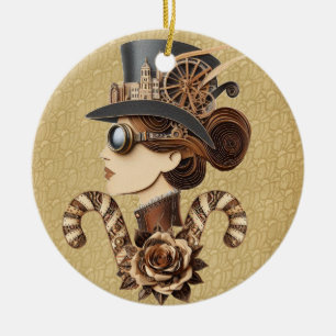 Steampunk hat womans face modern art ceramic ornament