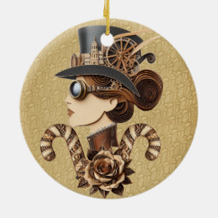 Steampunk hat womans face modern art  ceramic ornament