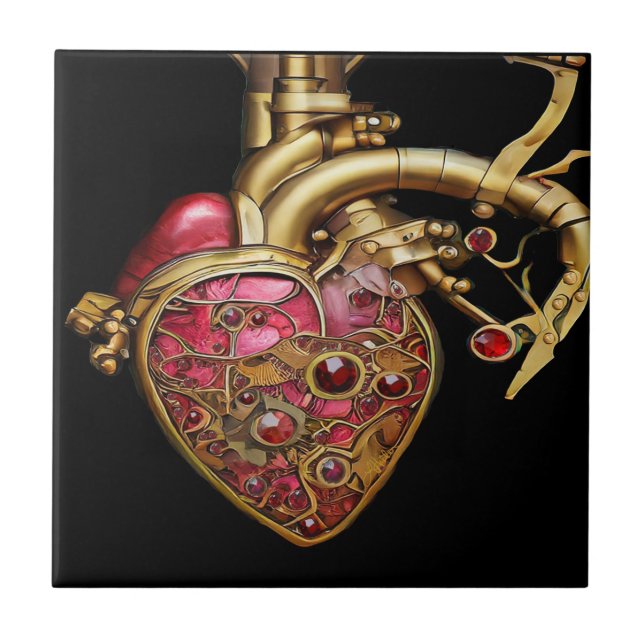 Steampunk Heart Anatomical Rubies and Gears Ceramic Tile (Front)