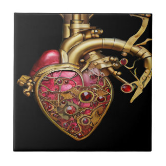 Steampunk Heart Anatomical Rubies and Gears Ceramic Tile