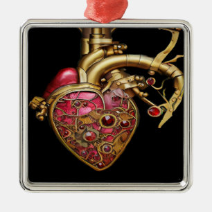 Steampunk Heart Anatomical Rubies and Gears Metal Ornament