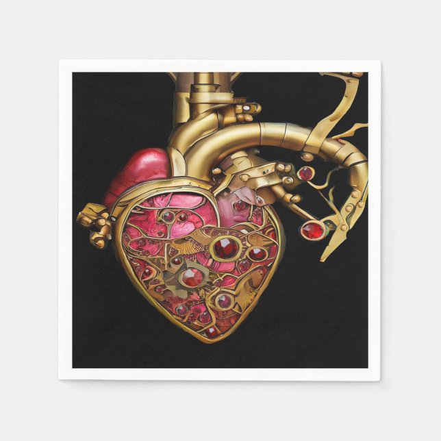 Steampunk Heart Anatomical Rubies and Gears Napkin (Front)