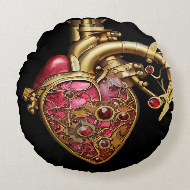 Steampunk Heart Anatomical Rubies and Gears Round Cushion (Front)
