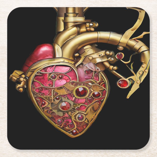 Steampunk Heart Anatomical Rubies and Gears Square Paper Coaster (Front)