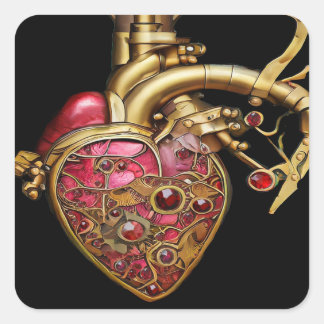 Steampunk Heart Anatomical Rubies and Gears Square Sticker