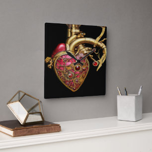 Steampunk Heart Anatomical Rubies and Gears Square Wall Clock