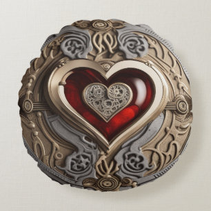 Steampunk Heart – Intricate Mechanical Love  Round Cushion