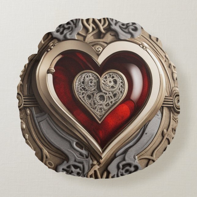Steampunk Heart – Intricate Mechanical Love  Round Cushion (Front)