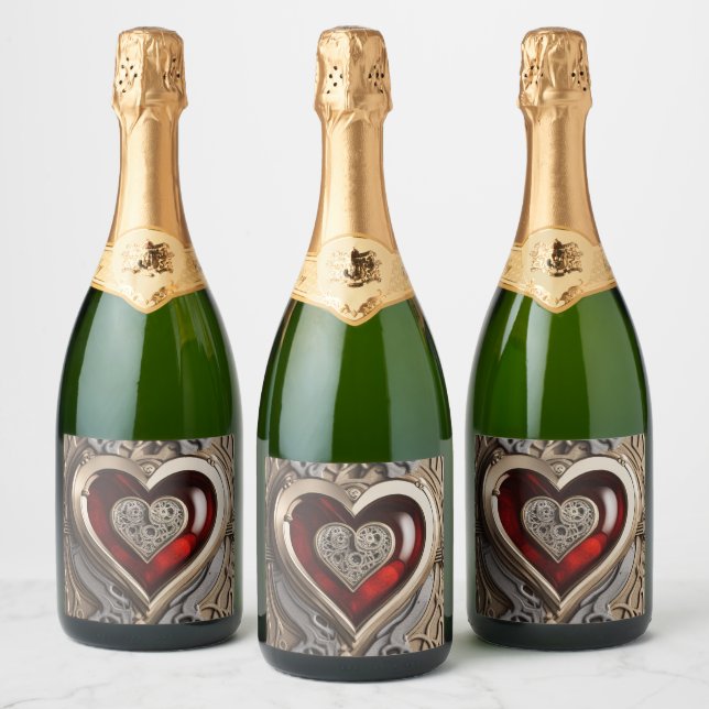 Steampunk Heart – Intricate Mechanical Love  Sparkling Wine Label (Bottles)