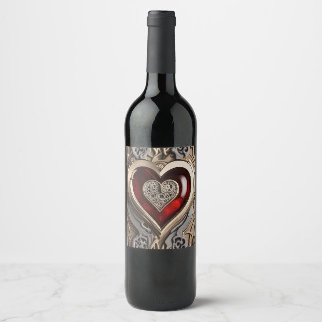 Steampunk Heart – Intricate Mechanical Love  Wine Label (Front)