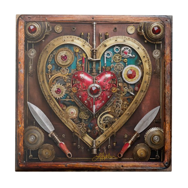 Steampunk Heart Rubies And Daggers For Warriors  Ceramic Tile (Front)