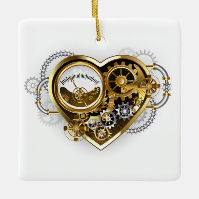 Steampunk Heart with a Manometer Ceramic Ornament (Front)