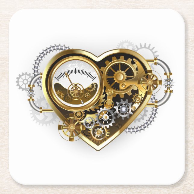 Steampunk Heart with a Manometer Square Paper Coaster (Front)