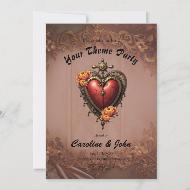Steampunk Heart with Flowers.  Invitation (Front)