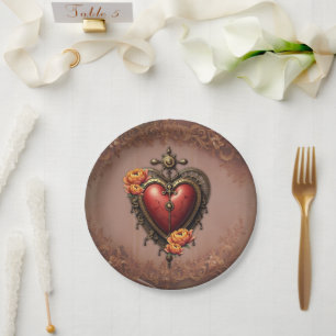 Steampunk Heart with Flowers. Paper Plate