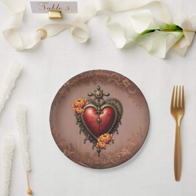 Steampunk Heart with Flowers.  Paper Plate (Wedding)