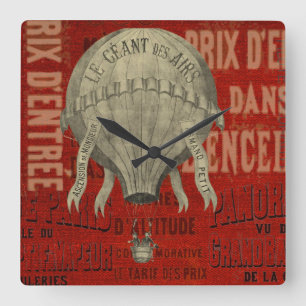 Steampunk Hot Air Ballon Ride Graphic Fonts in Red Square Wall Clock