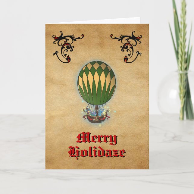 Steampunk Hot Air Balloon Christmas Holiday Card (Front)